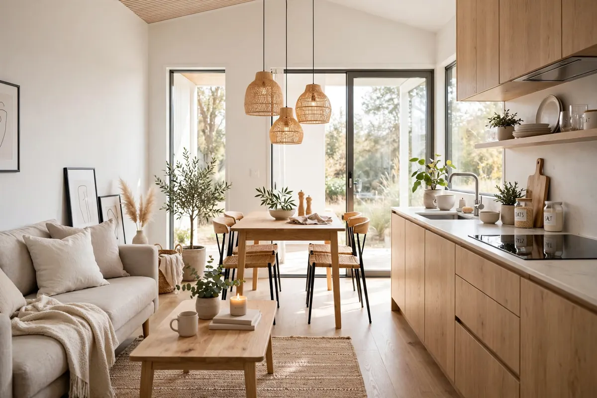 Open concept floor plans 2026 - Scandinavian-style living, dining, and kitchen area with natural light and indoor-outdoor flow