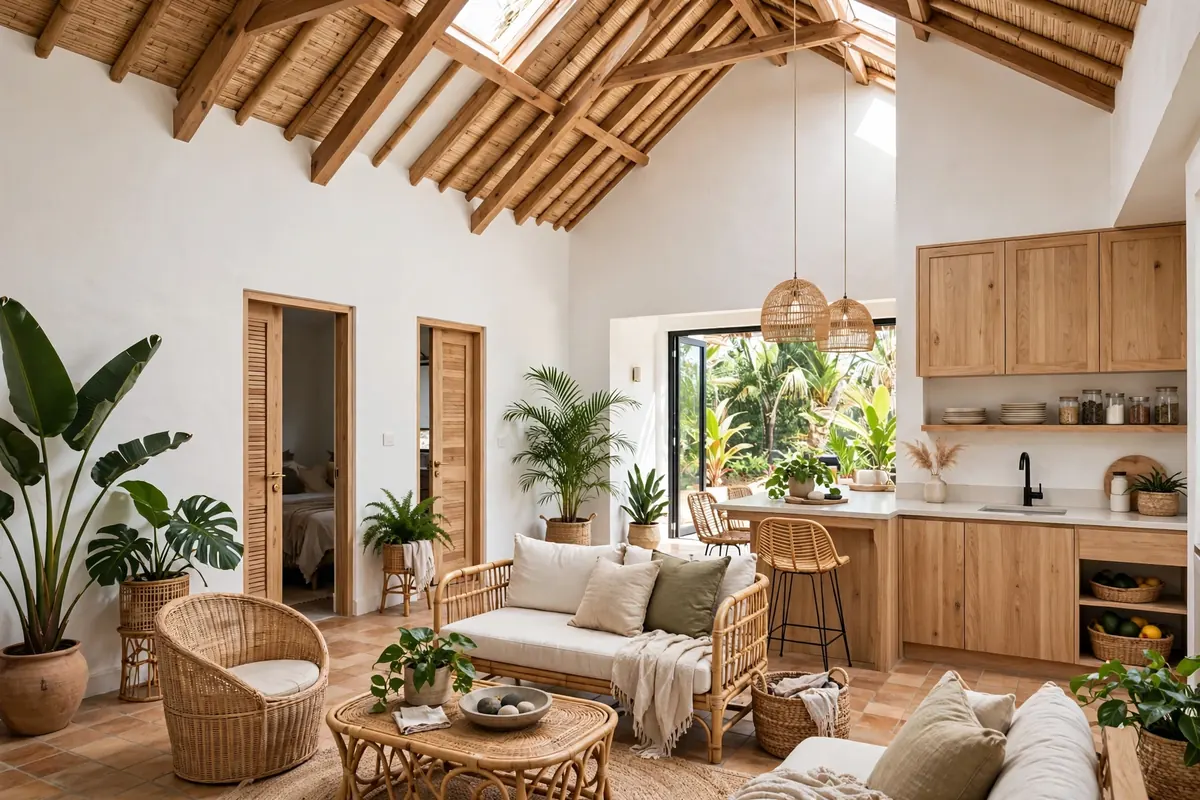 Open concept floor plans 2026 - warm-climate open living and kitchen with vaulted wood ceiling and sliding glass doors to a garden