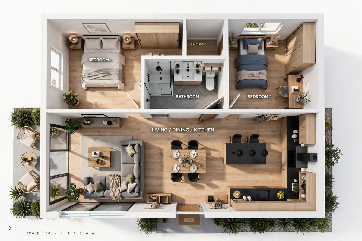 Open concept floor plans 2026 - two-bedroom layout with open living, dining and kitchen area