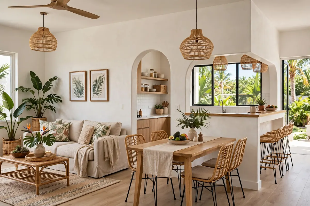 Open concept floor plans 2026 - open kitchen, dining, and living area zoned with a rug, an arched pass-through, and varied pendant lighting