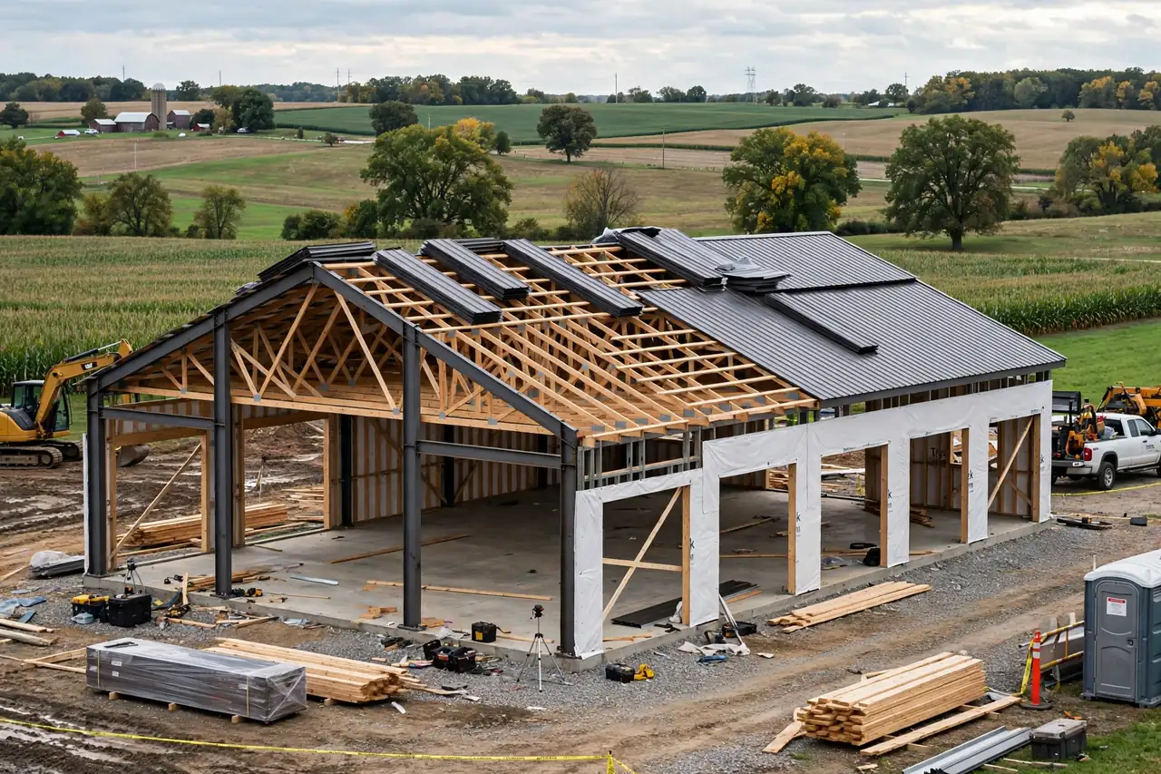 Post-frame barndominium shell under construction in Wisconsin with steel trusses and metal roofing