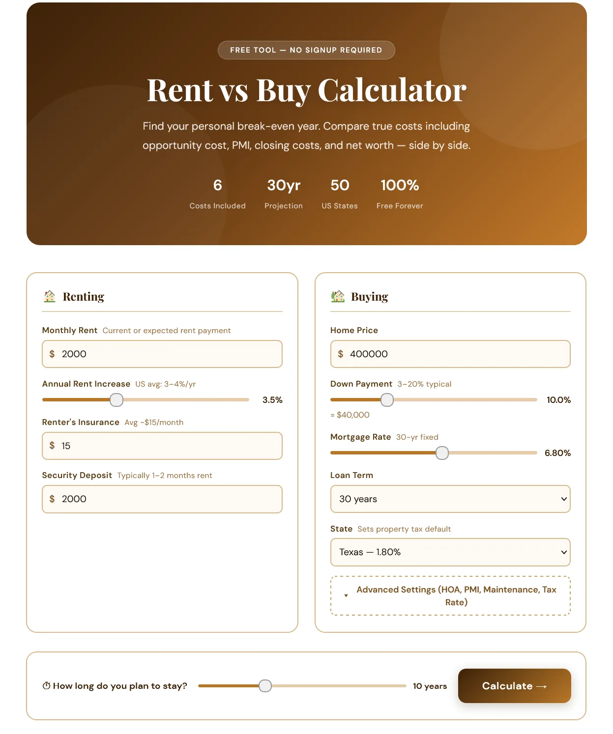 Rent vs buy home calculator showing renting and buying input panels with monthly rent, home price, down payment, mortgage rate, and break-even year slider