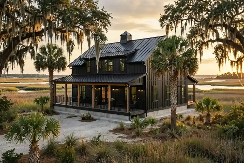 Elevated black barndominium with standing-seam metal roof and wraparound porch near Charleston, South Carolina, framed by live oaks and marsh grass