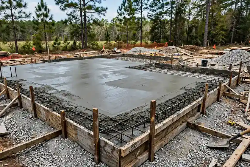 Freshly poured concrete foundation slab with rebar and wood forms at a rural South Carolina barndominium construction site