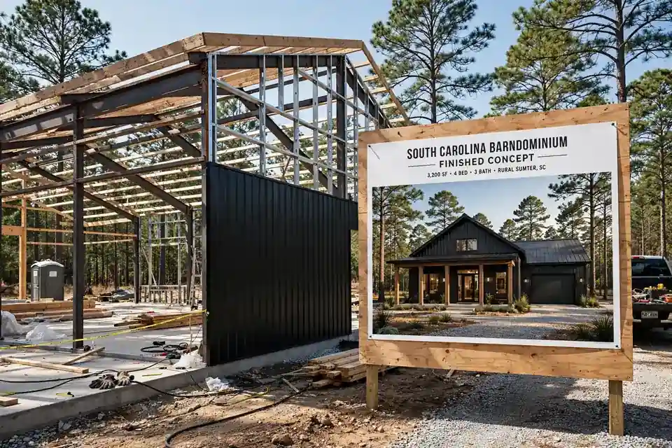 Steel and wood frame of a South Carolina barndominium under construction, with a project sign showing the finished concept for a 3,200 sq ft home in rural Sumter, SC