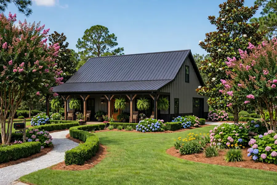 Finished barndominium in Mississippi with landscaped garden showing the final cost per sqft result