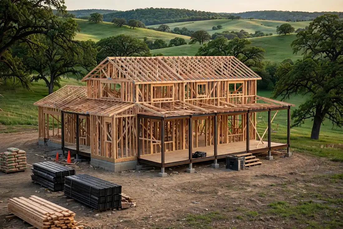 Post-frame barndominium structure with steel beams and wood trusses in Missouri