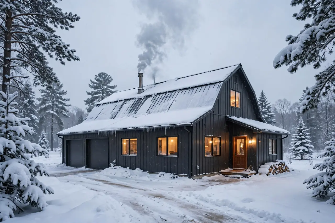Wisconsin barndominium exterior covered in snow, showing cold-climate insulation and heating performance