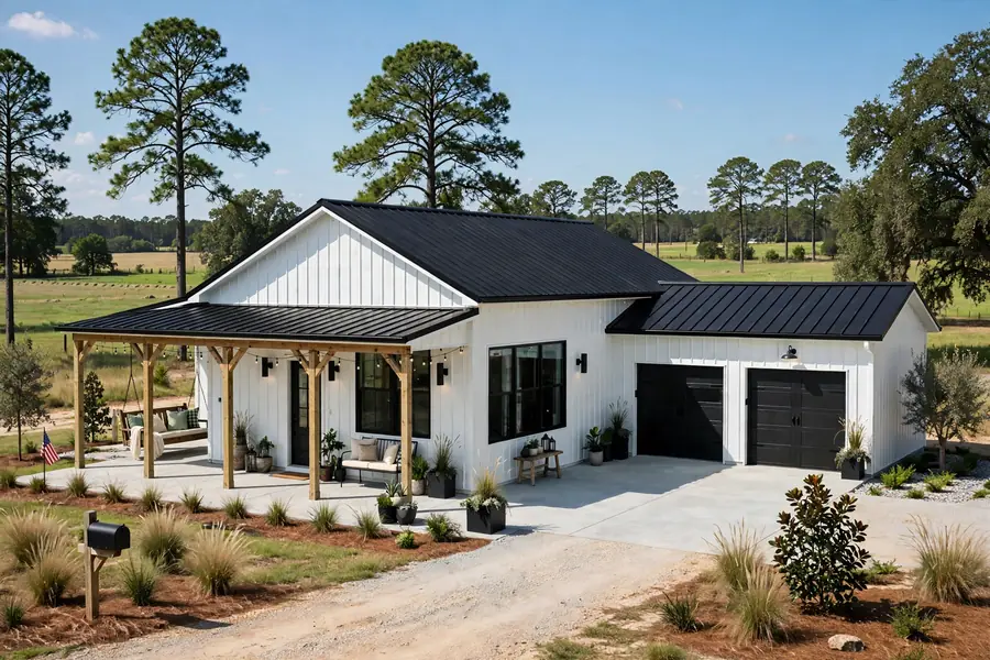 Finished barndominium in Alabama with wraparound porch showing the final cost per sqft result