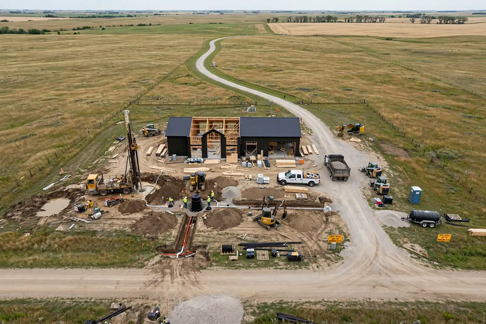 Rural North Dakota barndominium property showing well and septic utility installation