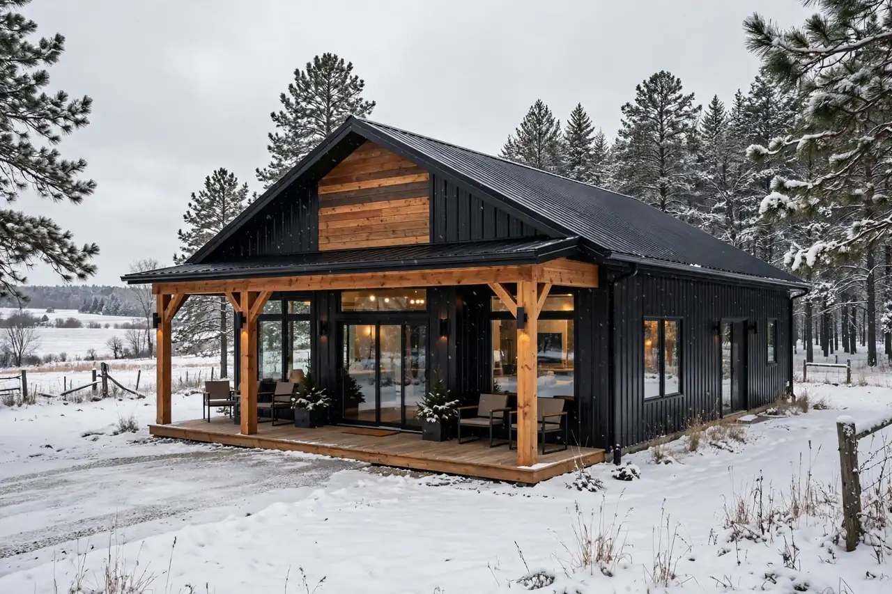 Barndominium Cost Per Sqft in Michigan. Modern black metal barndominium exterior in snowy Michigan landscape with wood porch