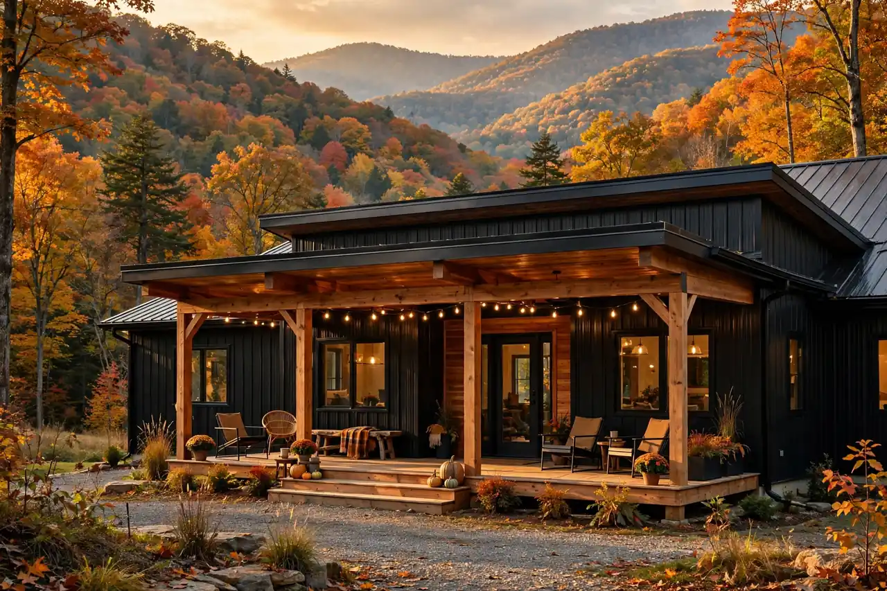 Barndominium CostPer Sqft in West Virginia: Black metal barndominium with wooden porch and string lights in West Virginia autumn mountains