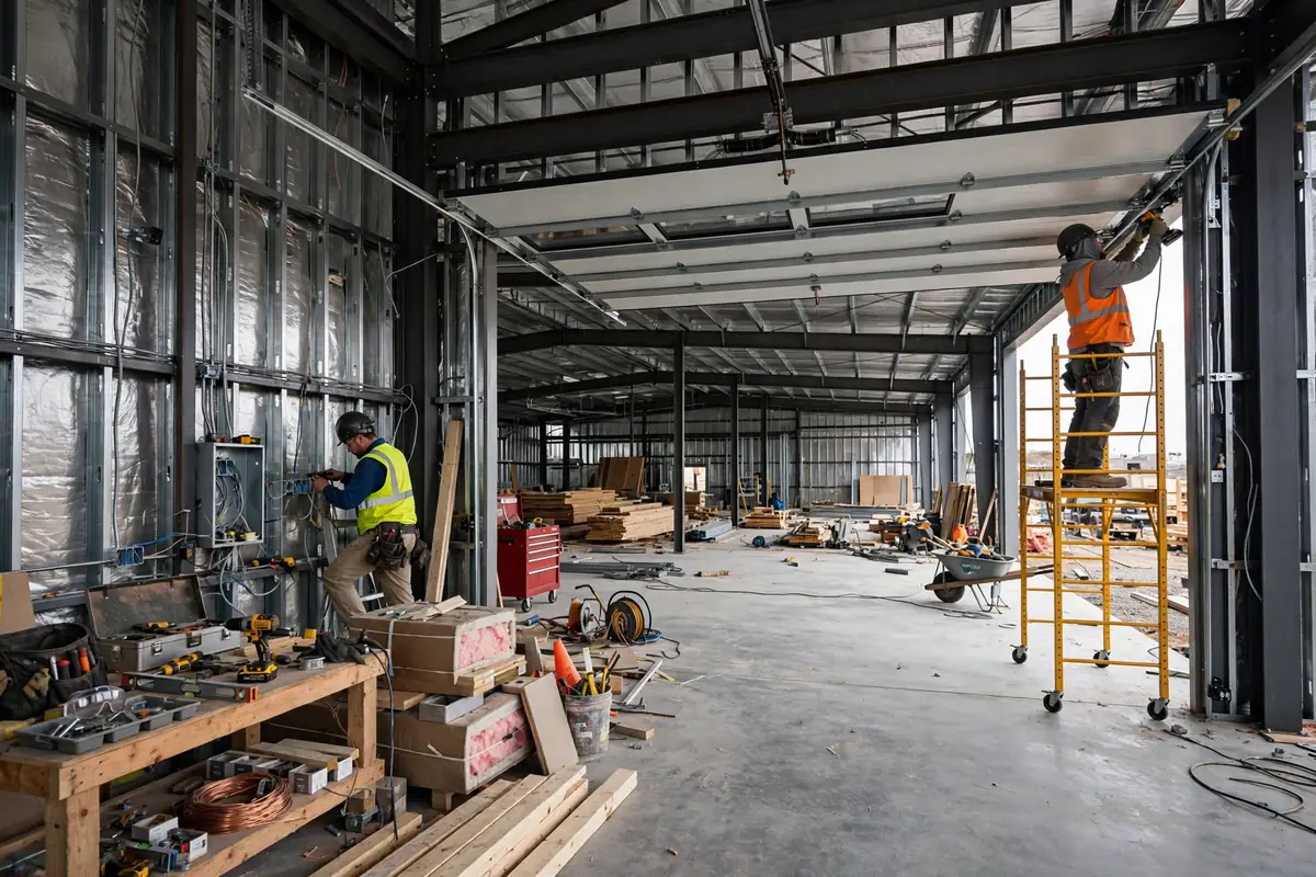 Attached shop and garage space under construction on a Minnesota barndominium