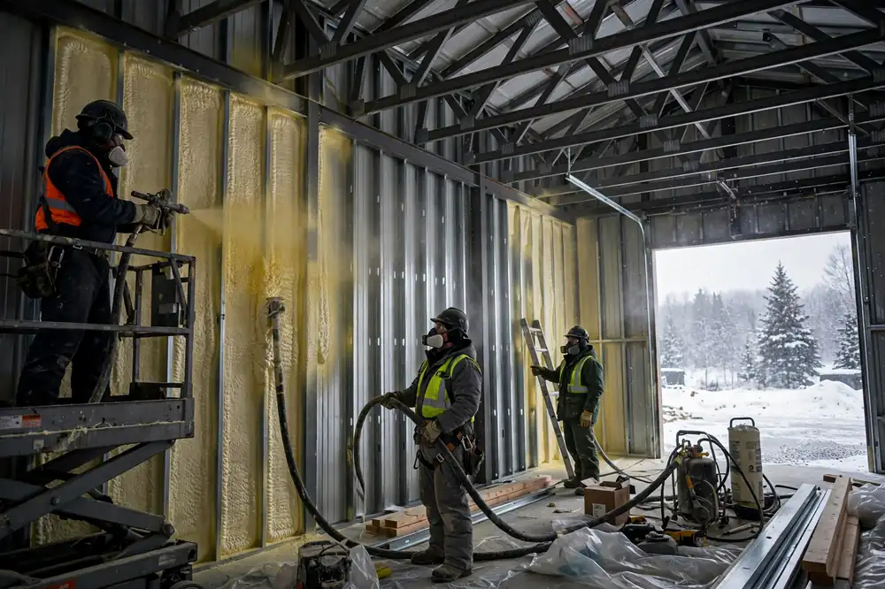 Workers installing spray foam insulation in a Minnesota barndominium to meet cold-climate building envelope requirements