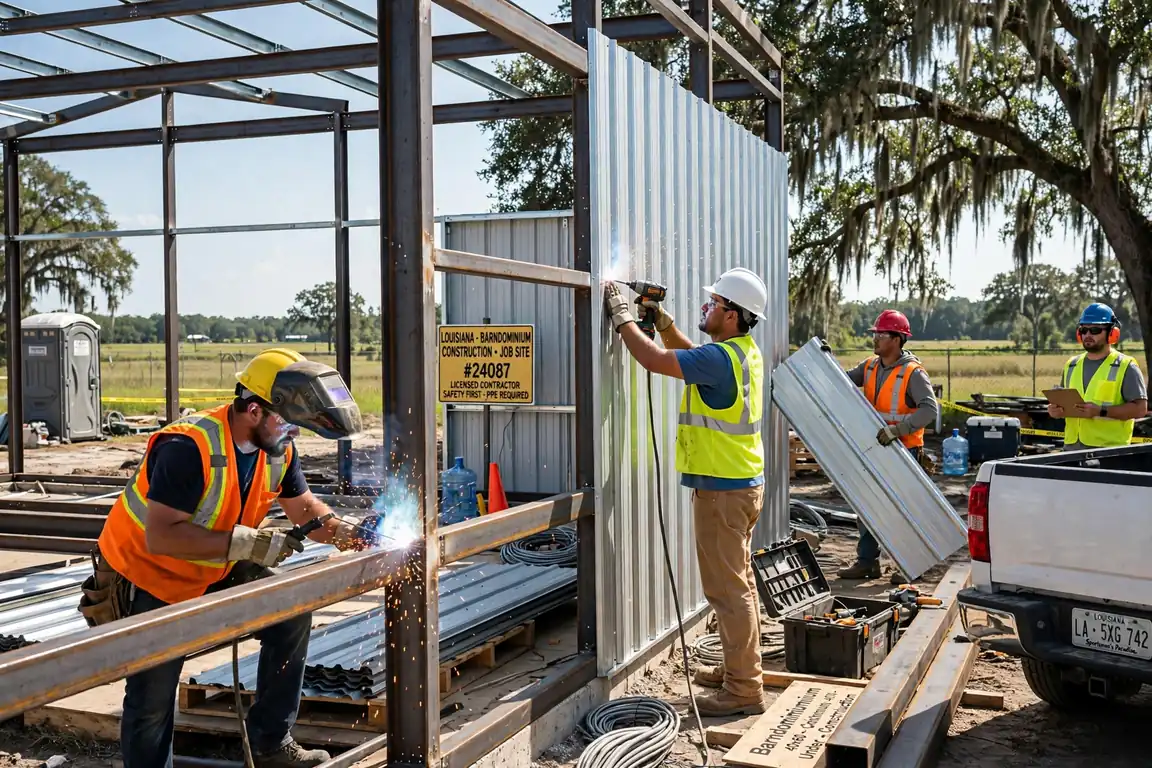 Workers building a steel frame barndominium structure in Louisiana