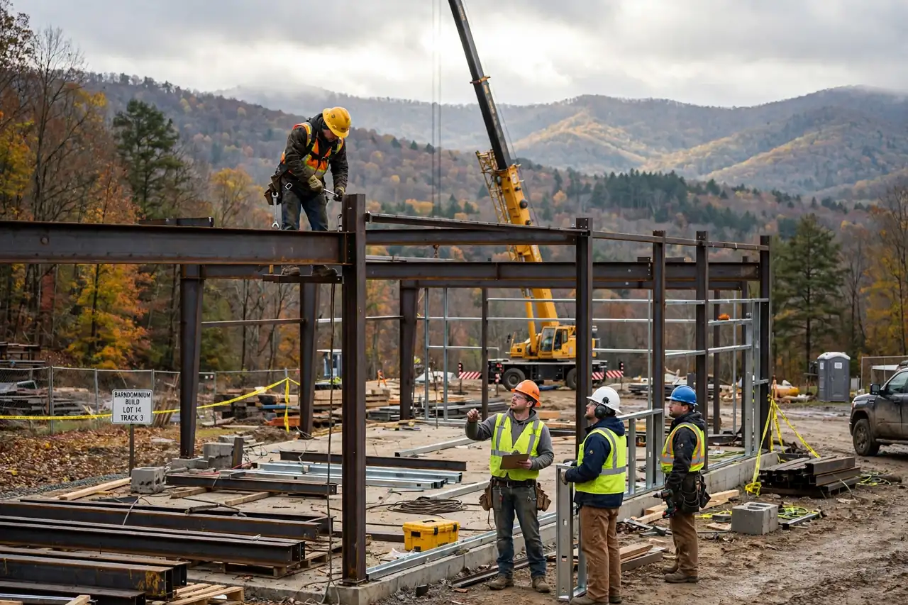 Workers erecting a steel-frame barndominium shell in West Virginia