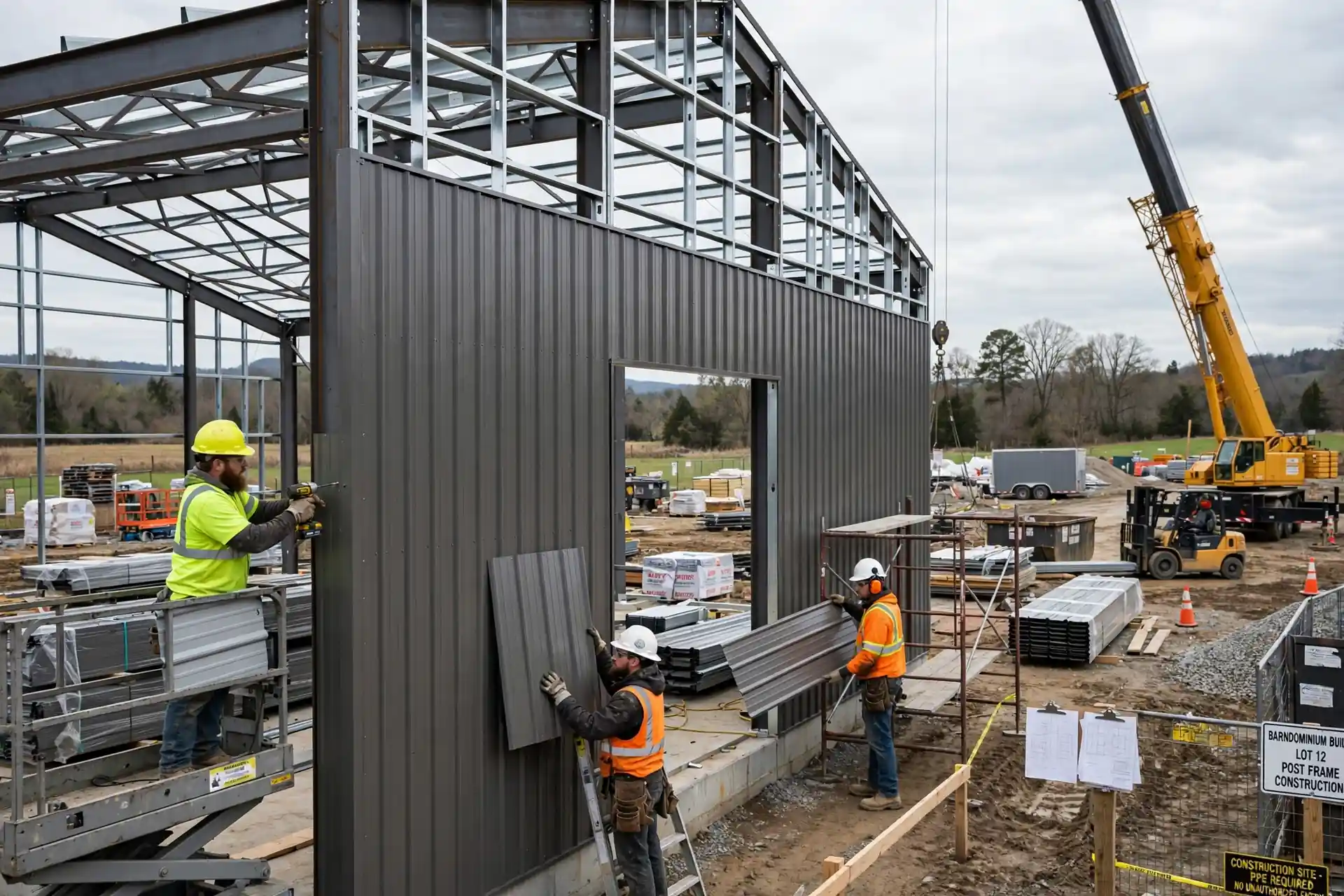 Crew erecting a steel barndominium shell on a South Dakota building site
