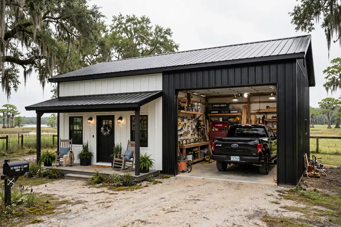 Barndominium combining finished living space with an attached shop and garage in Louisiana