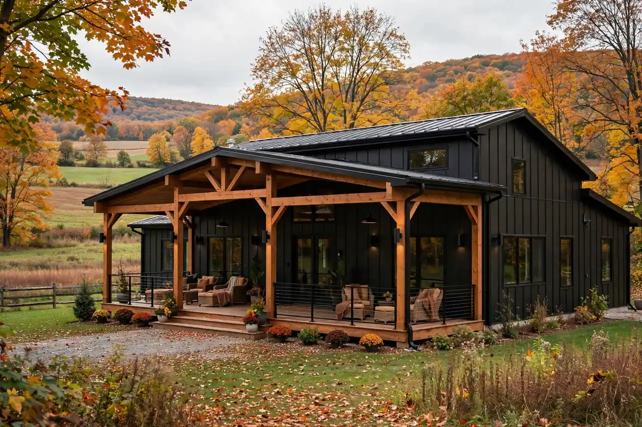 Barndominium cost per sqft in Pennsylvania. Modern black metal barndominium with wooden porch in Pennsylvania countryside during autumn