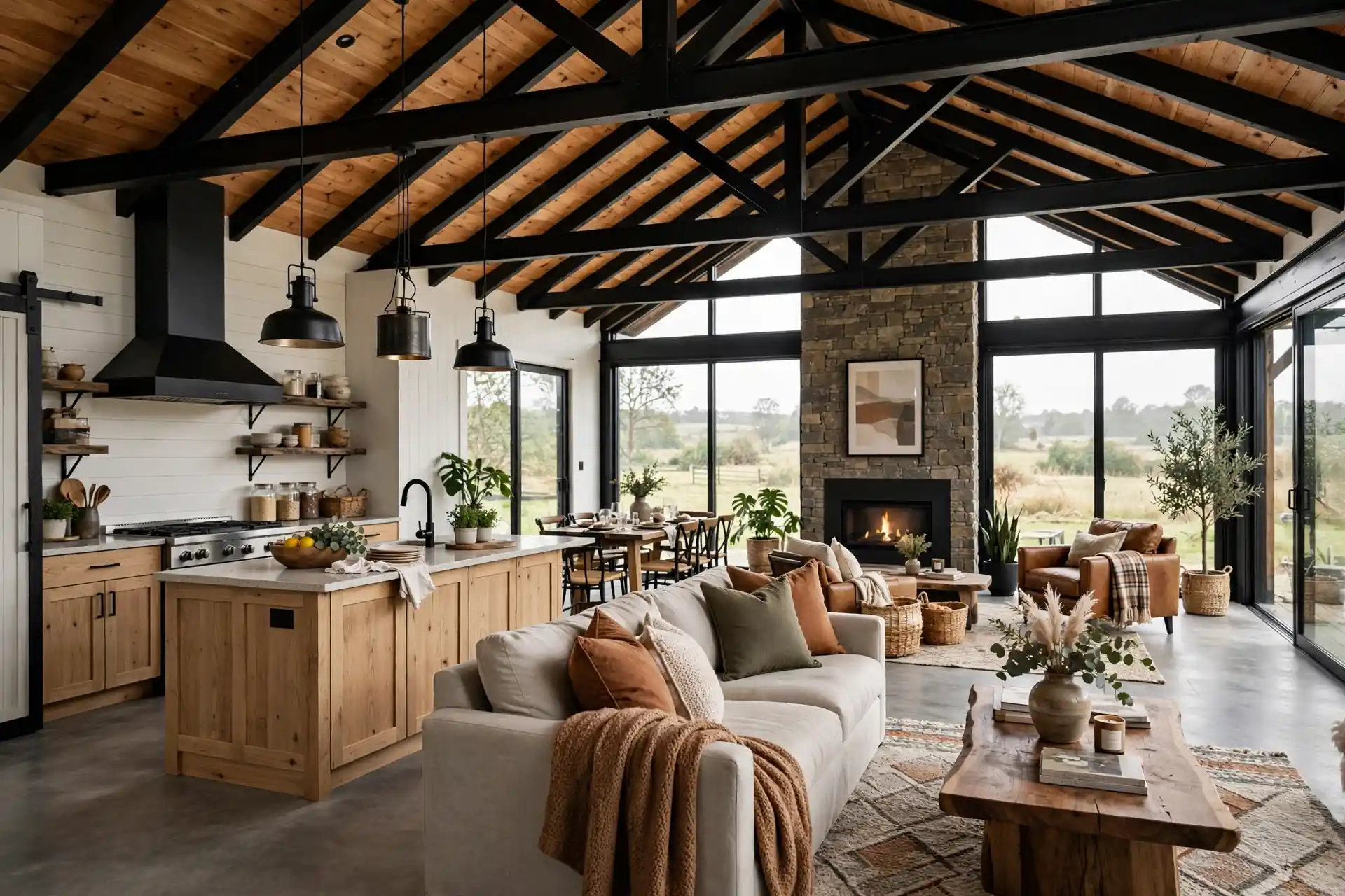 Barndominium cost per sqft in south dakota Finished barndominium interior with high vaulted ceiling, exposed steel beams, modern rustic kitchen and living room