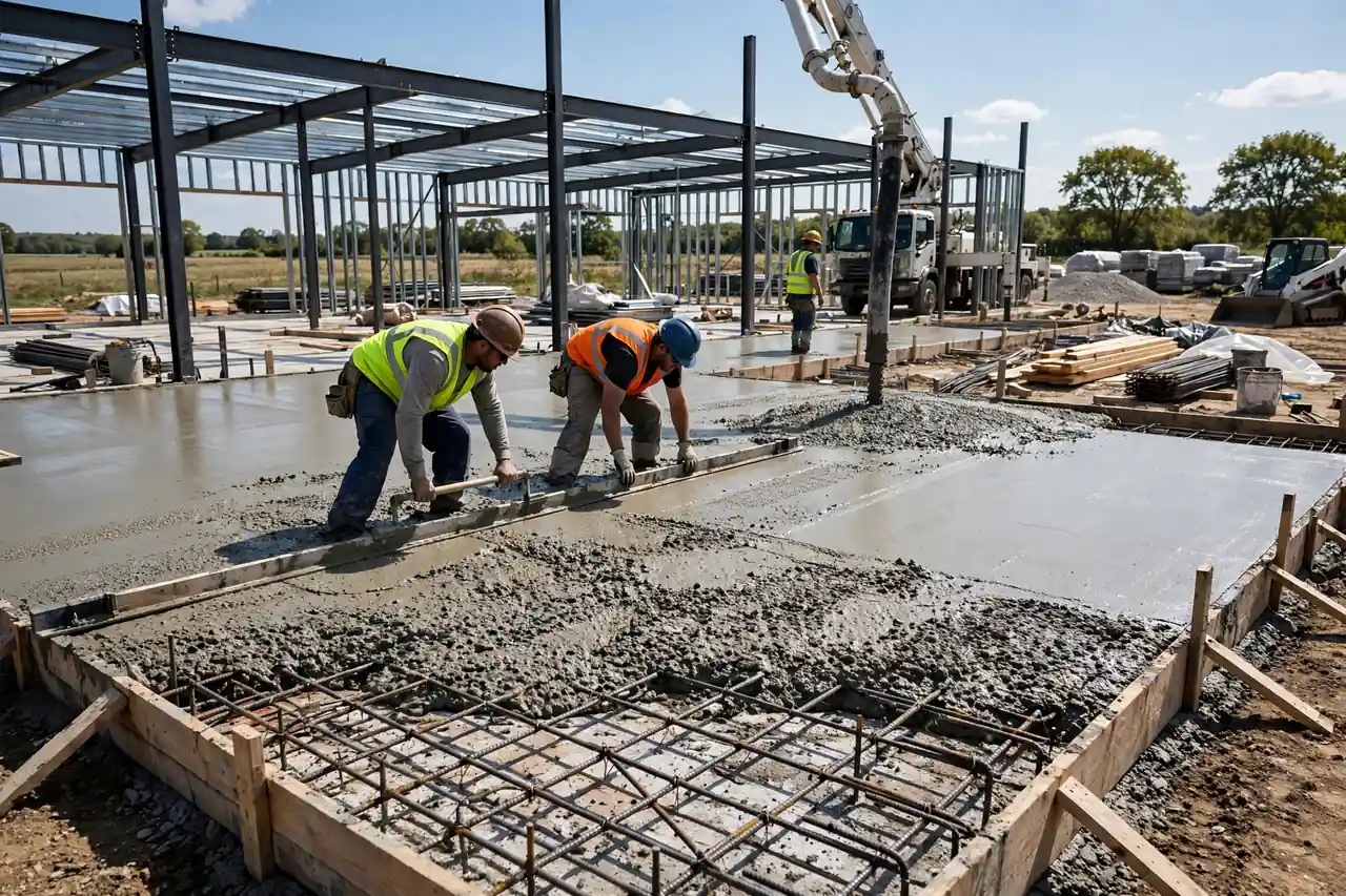 Workers pouring a concrete slab foundation for a barndominium