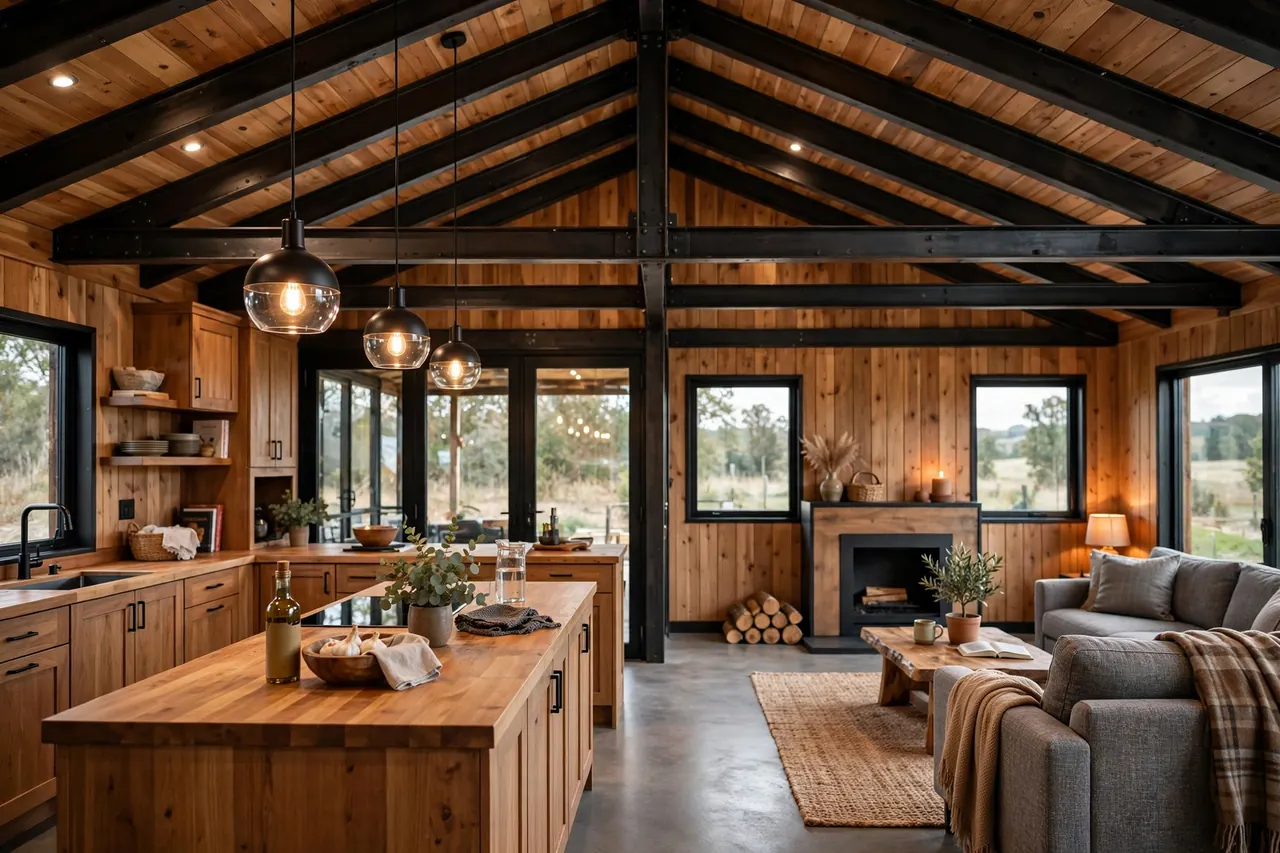 Open-concept interior living and kitchen area in a finished barndominium