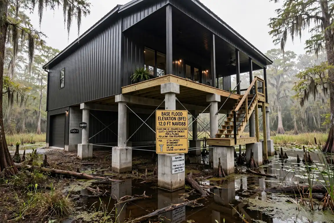 Barndominium built on elevated piers to meet Louisiana flood zone and BFE requirements