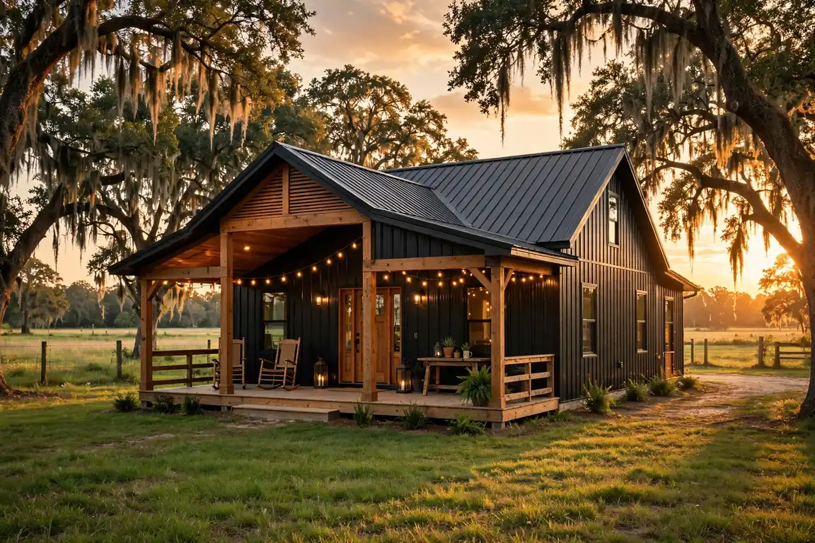 Black barndominium exterior at sunset on a Louisiana property