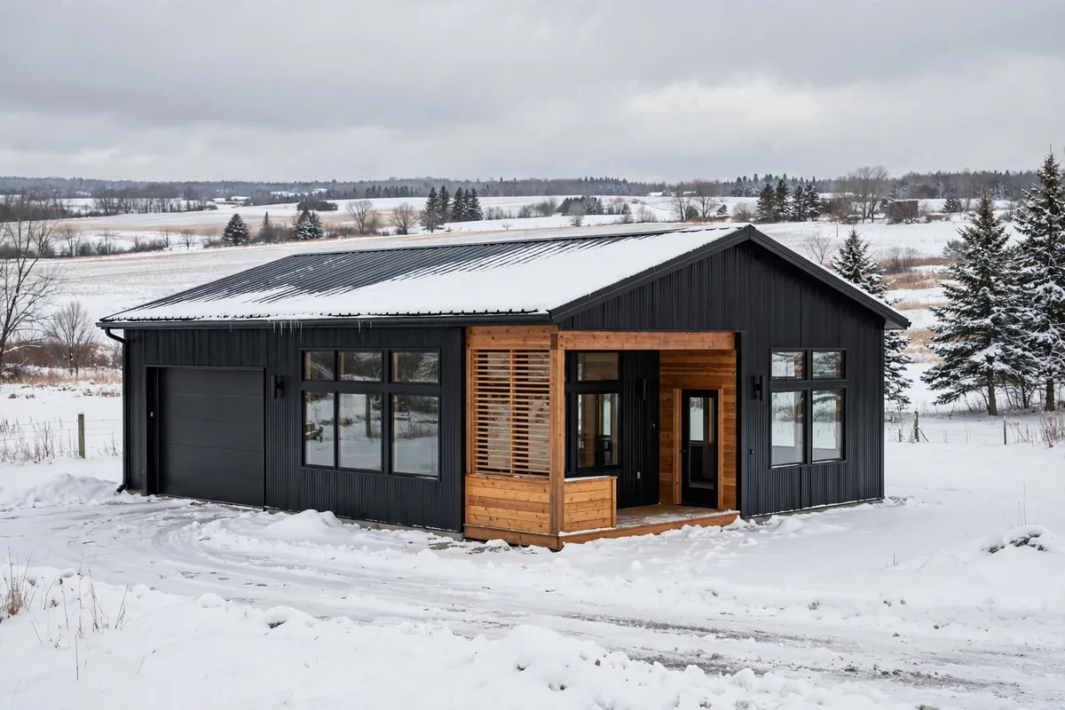 Barndominium Cost Per sqft in Minnesota. snow exterior of modernbarndominium