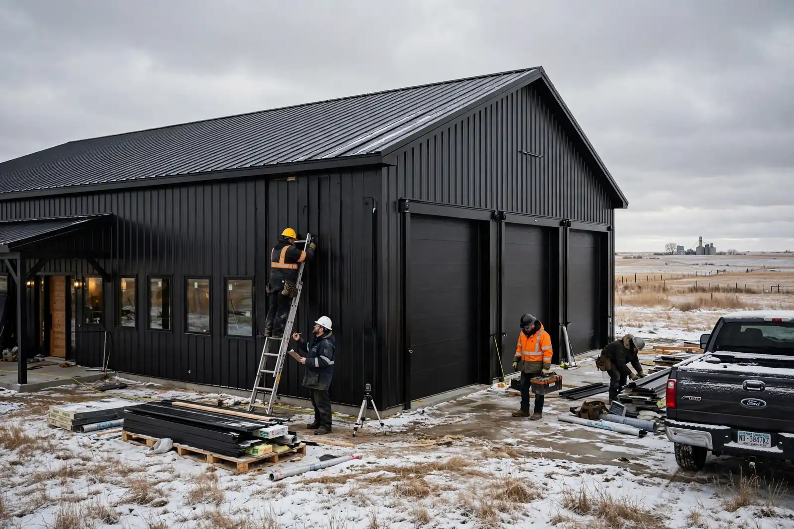 Crew working on a barndominium exterior during winter construction in North Dakota