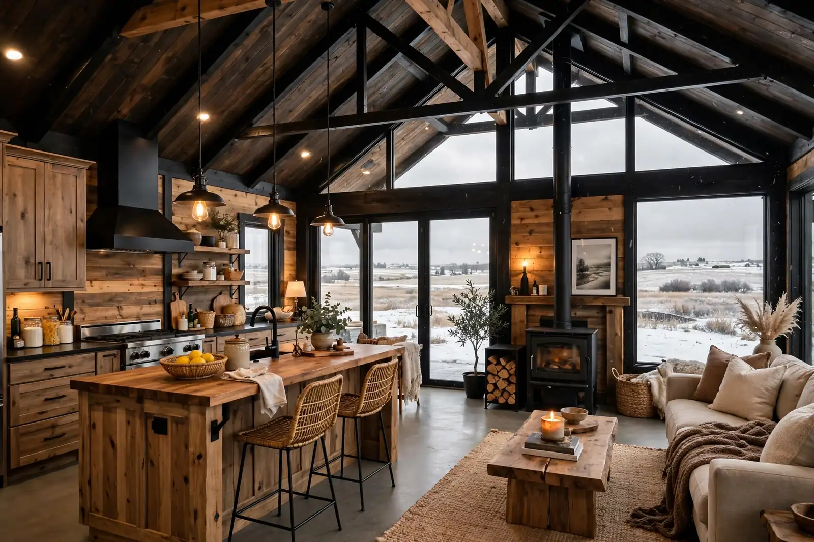 Rustic modern barndominium interior showing what affects barndominium cost per sqft in North Dakota - vaulted wood ceiling and open kitchen living room overlooking snowy prairie