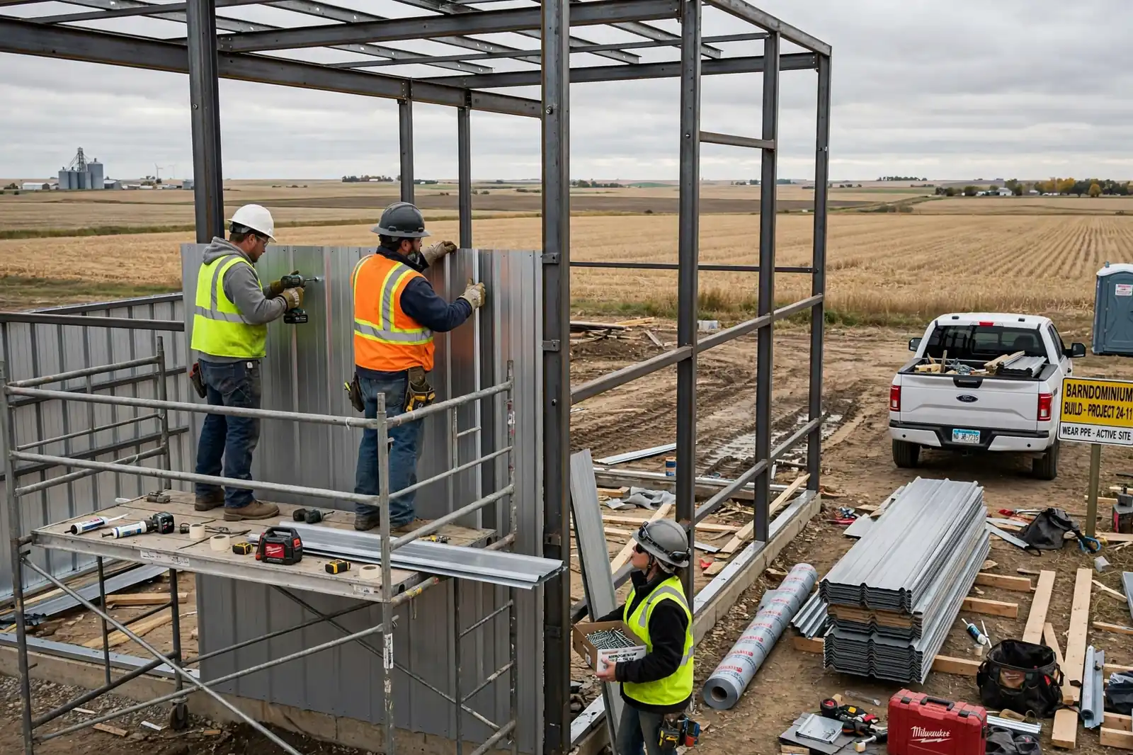 Construction workers erecting a steel-frame barndominium shell in North Dakota