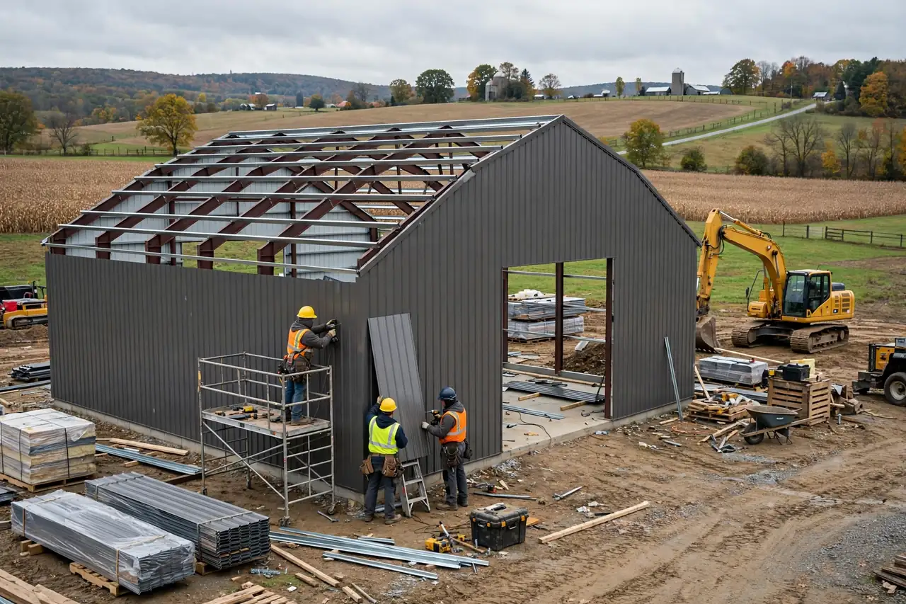 Construction crew erecting a steel barndominium shell frame