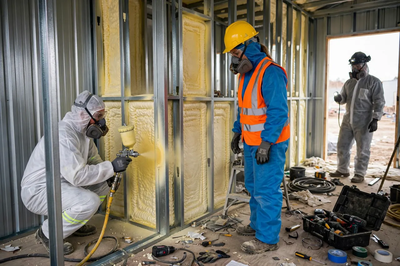 Workers applying spray foam insulation inside a barndominium shell