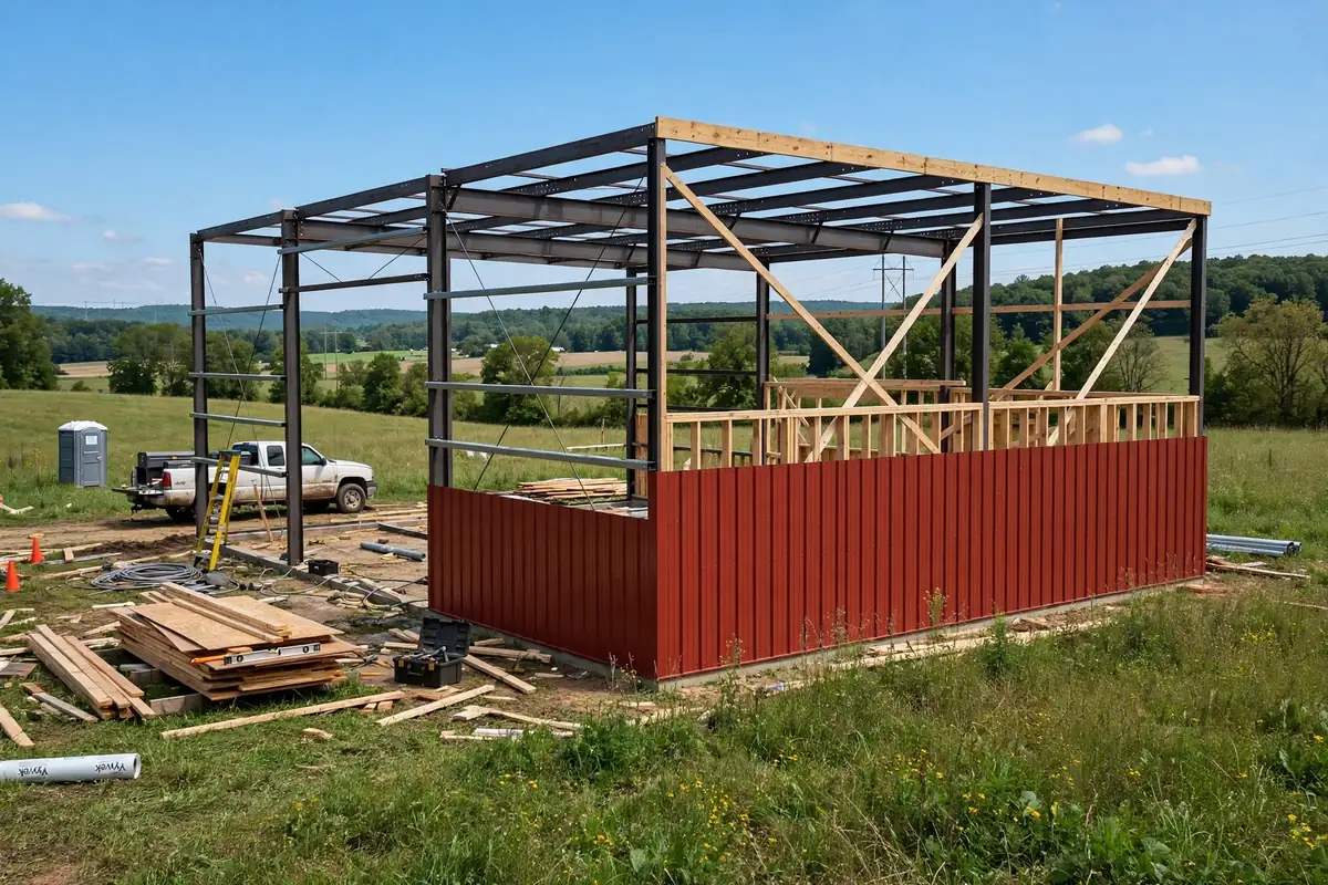 Steel and wood frame of a Virginia barndominium under construction on a rural lot — early framing stage affecting Barndominium Cost Per Sqft in Virginia