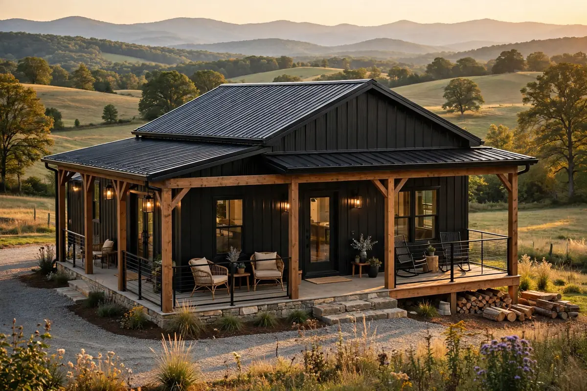 Barndominium Cost Per SQFT in Virginia: Finished black metal barndominium exterior with covered porch in Virginia Piedmont mountains