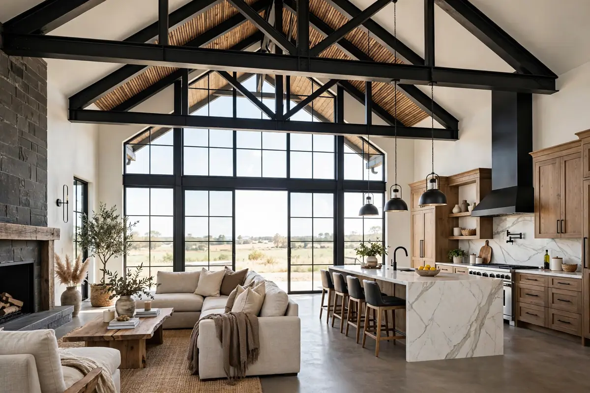 Open-concept kitchen and living area with upgraded finishes inside a Virginia barndominium — interior finish level driving Barndominium Cost Per Sqft in Virginia