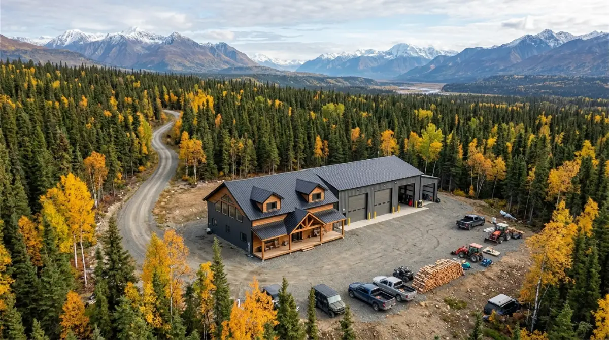 Aerial view of an Alaska barndominium with an attached shop on a remote wooded property
