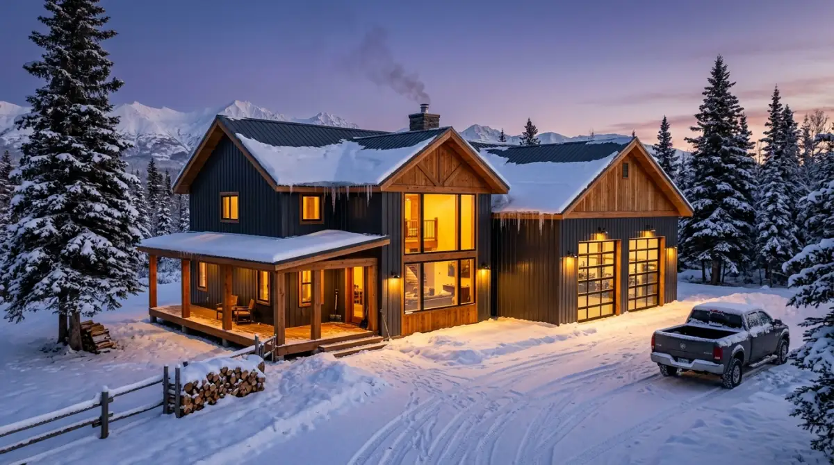 Finished Alaska barndominium glowing at dusk in winter