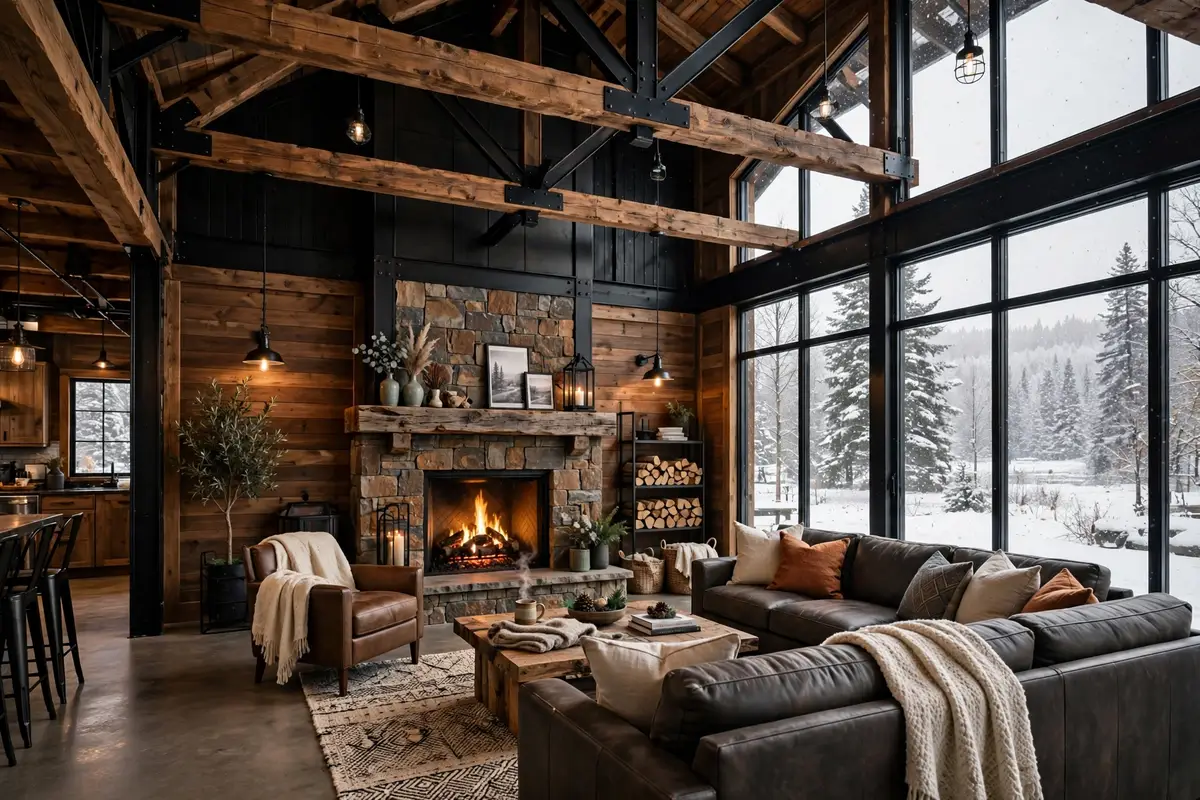 Barndominium Cost Per Sqft in Wyoming: Cozy modern barndominium interior with high wood beam ceilings, stone fireplace and large windows showing snowy forest