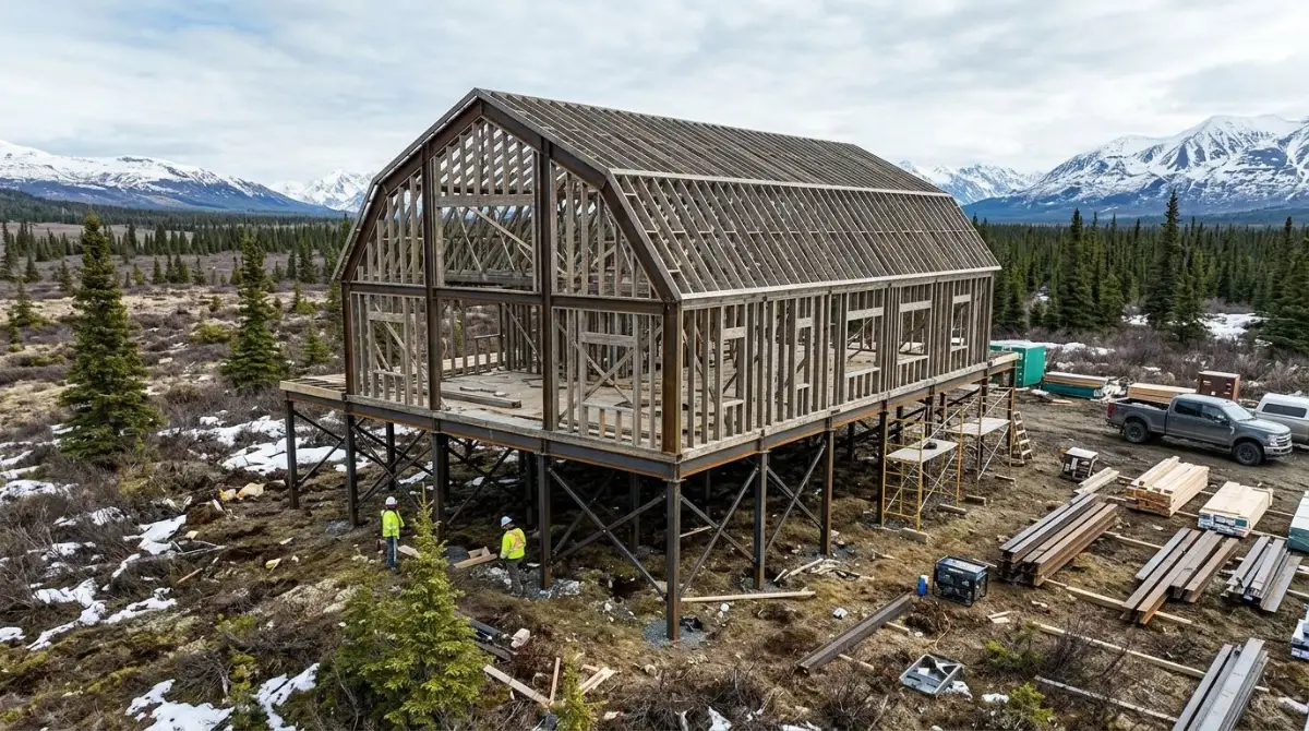 Barndominium frame on elevated pile foundation to protect permafrost in Alaska