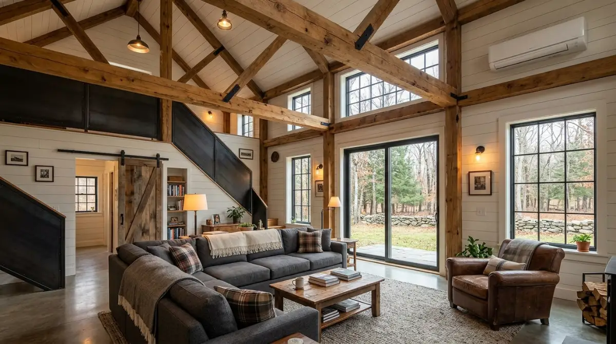 Insulated barndominium living room with exposed beams and heat pump in Connecticut