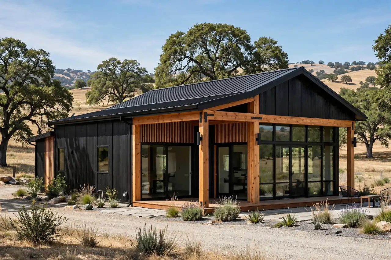 California Barndominium Cost Per Sq Ft: Modern black metal California barndominium with wood accents and large glass doors in rural oak tree landscape