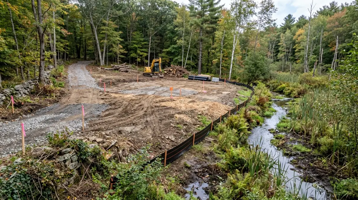 Cleared Connecticut building site near wetlands and a stream with a planned driveway