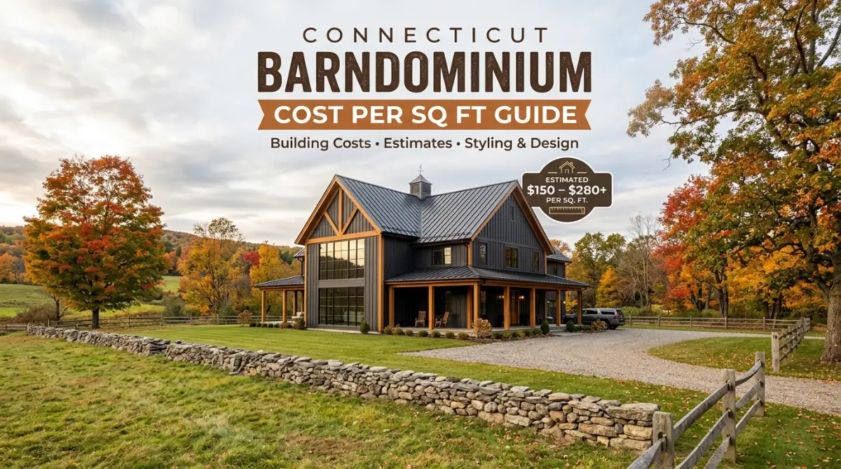 Connecticut barndominium cost per sq ft guide: modern barndominium with metal roof in a New England countryside