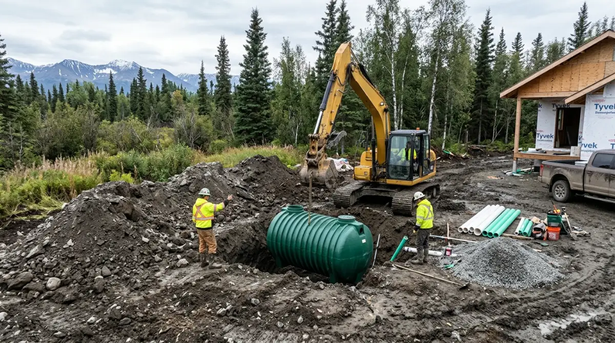 Excavator installing a septic system at a rural Alaska building site