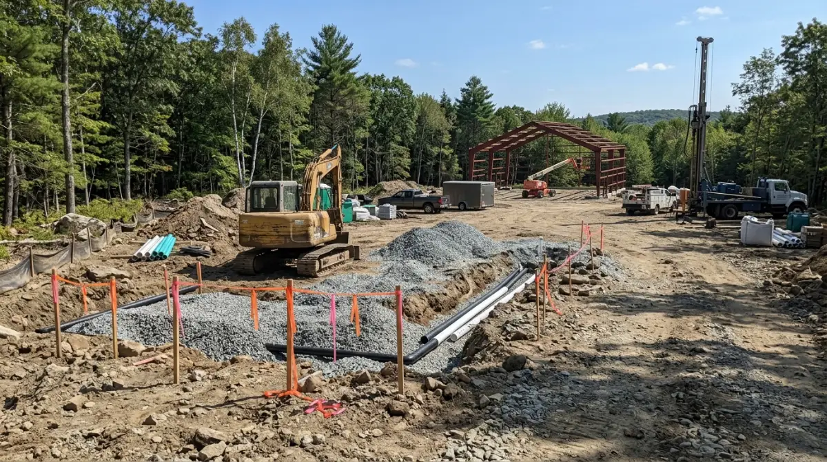 Excavator preparing a rural Massachusetts building site with gravel and a steel frame in the background