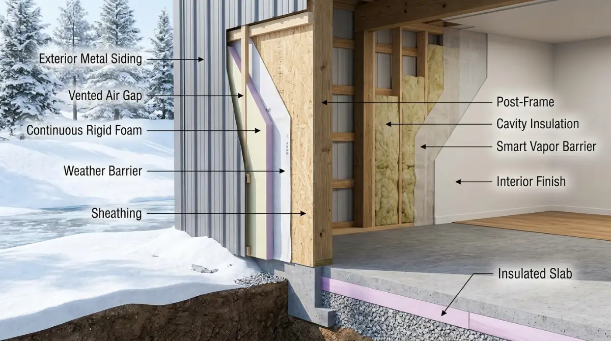 Cross-section of a high-R-value insulated barndominium wall for Alaska winters