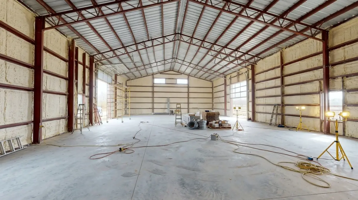 Interior of a Massachusetts barndominium steel frame with insulated walls and roof trusses