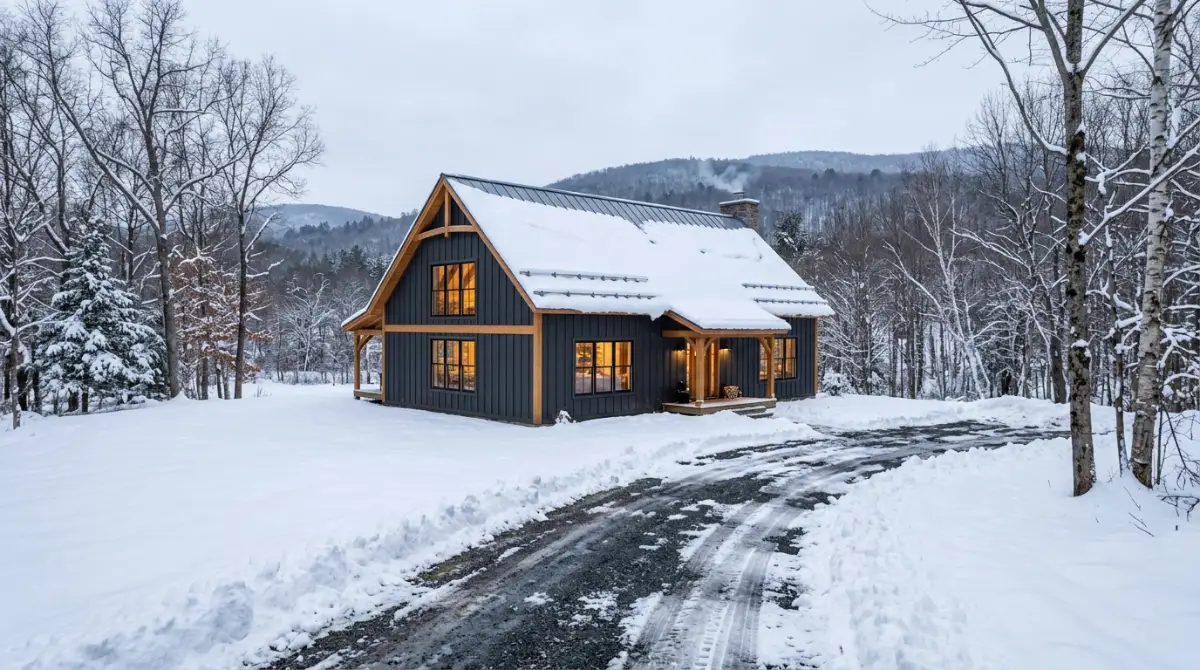 Massachusetts barndominium with snow-covered metal roof in winter